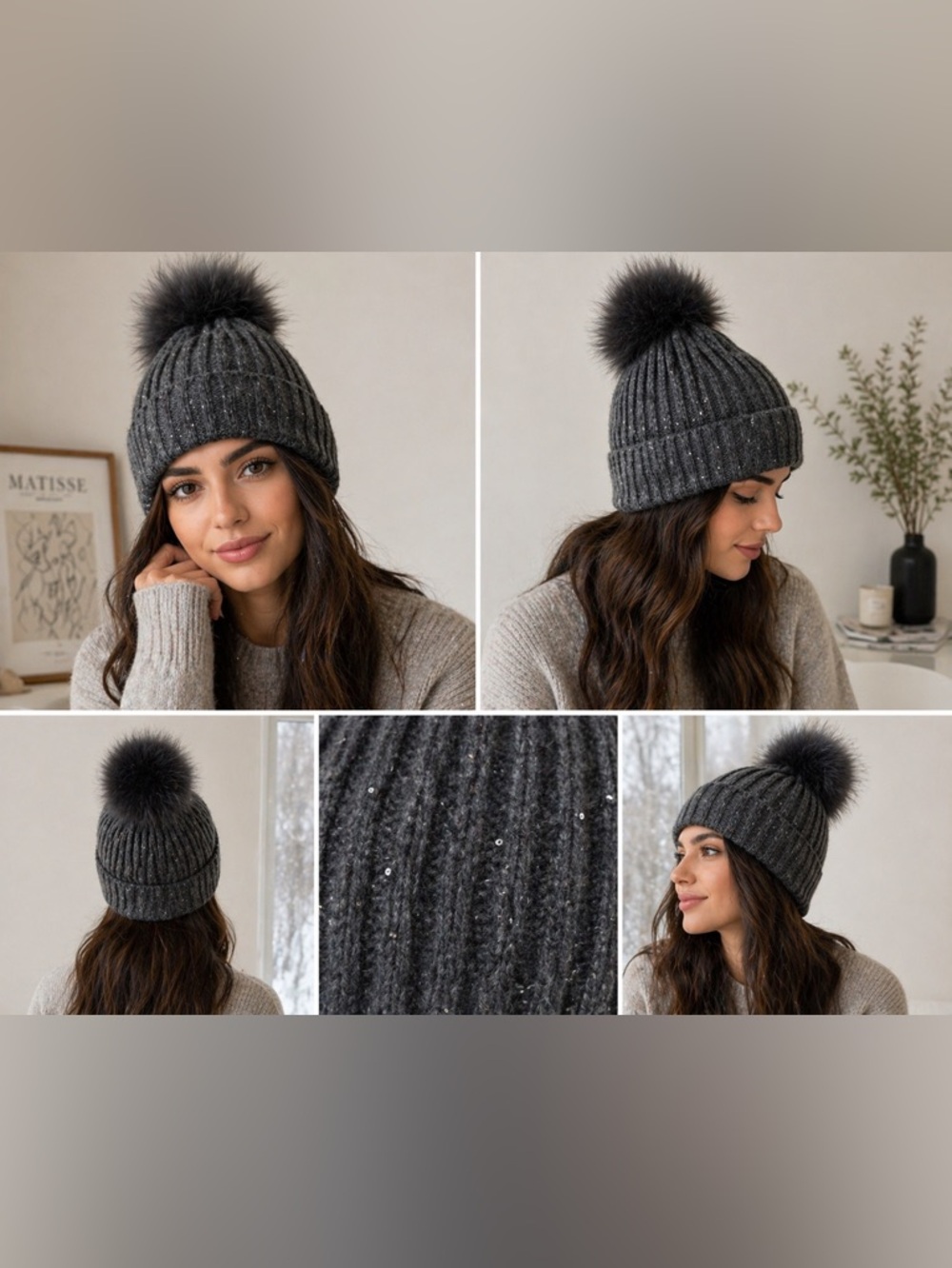 Sofia Cashmere Sequin Beanie Fox Fur Pom Hat Gray NEW $295 Retail
